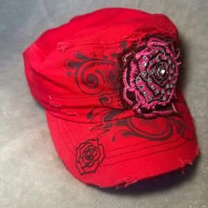 Leader Original Vtg Red Distressed Rose Rhinestone Cadet Military Hat Cap Y2K